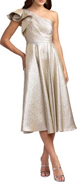 Mac Duggal Women's One Shoulder Ruffle Metallic Midi Dress