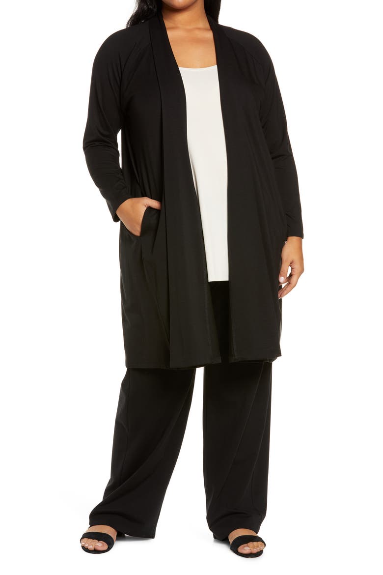 Knee Length Open Front Jersey Jacket, Main, color, BLACK
