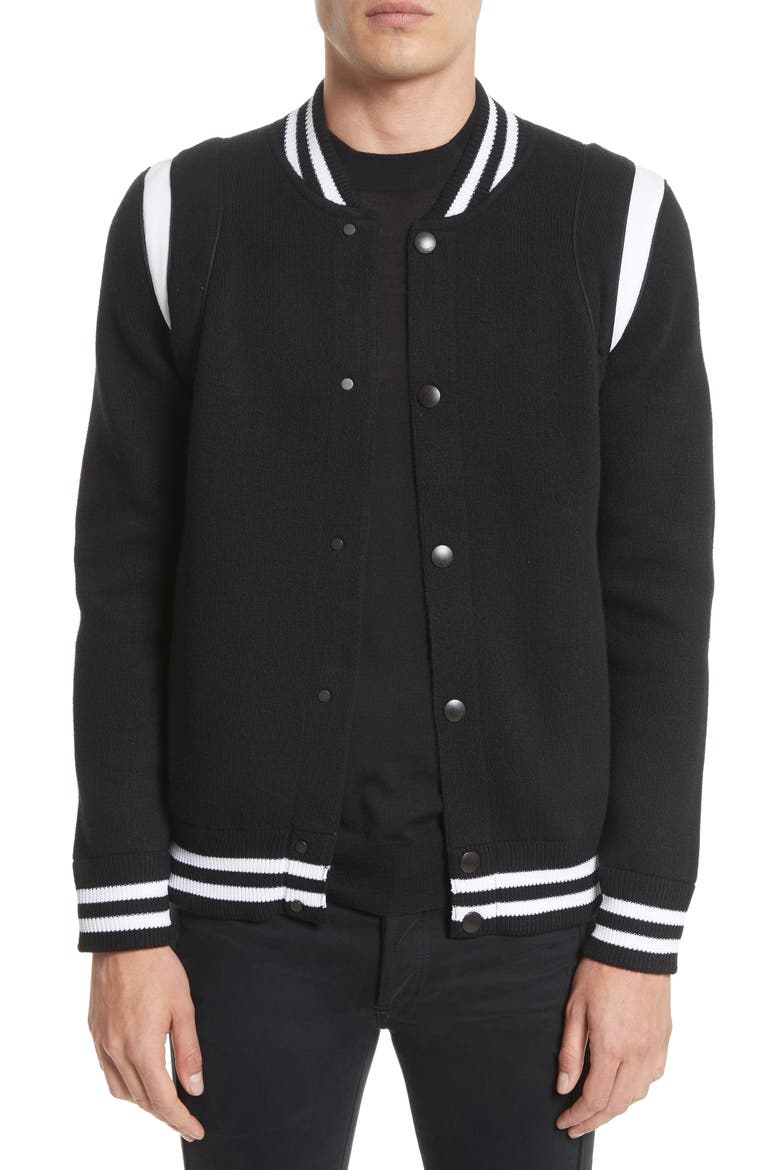 Logo Back Knit Bomber Jacket, Main, color, BLACK