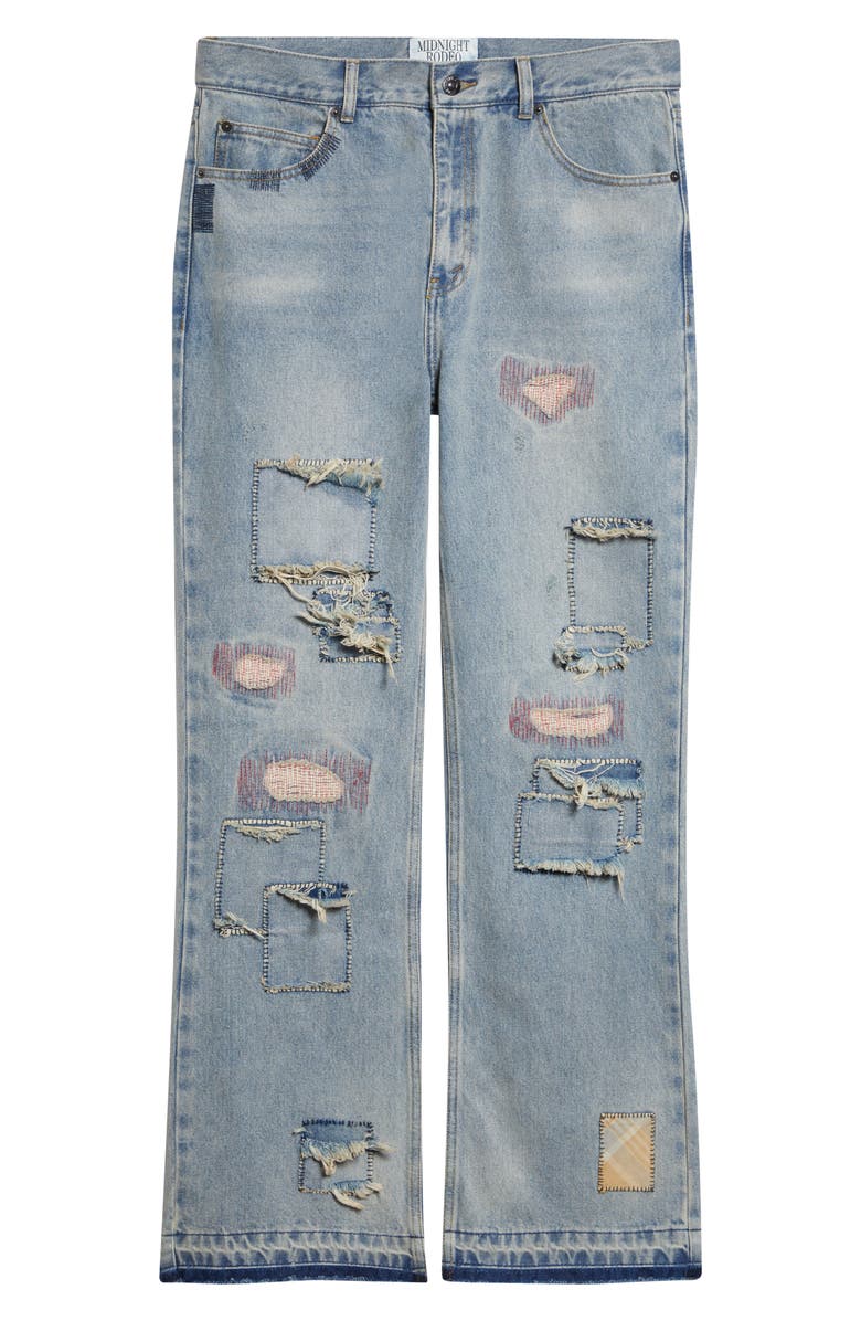 MIDNIGHT RODEO Texoma Distressed Patchwork Flare Leg Jeans, Alternate, color, Light Blue Wash