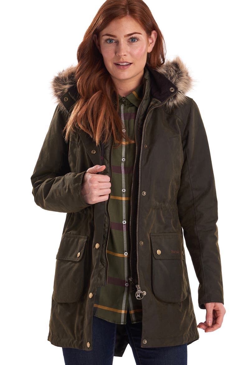 Thrunton Waxed Cotton Jacket with Faux Fur Trim, Alternate, color, OLIVE/ CLASSIC