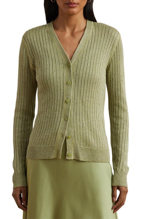 Shop Ralph Lauren Lauren Metallic Linen Blend Rib Cardigan In Light Olive