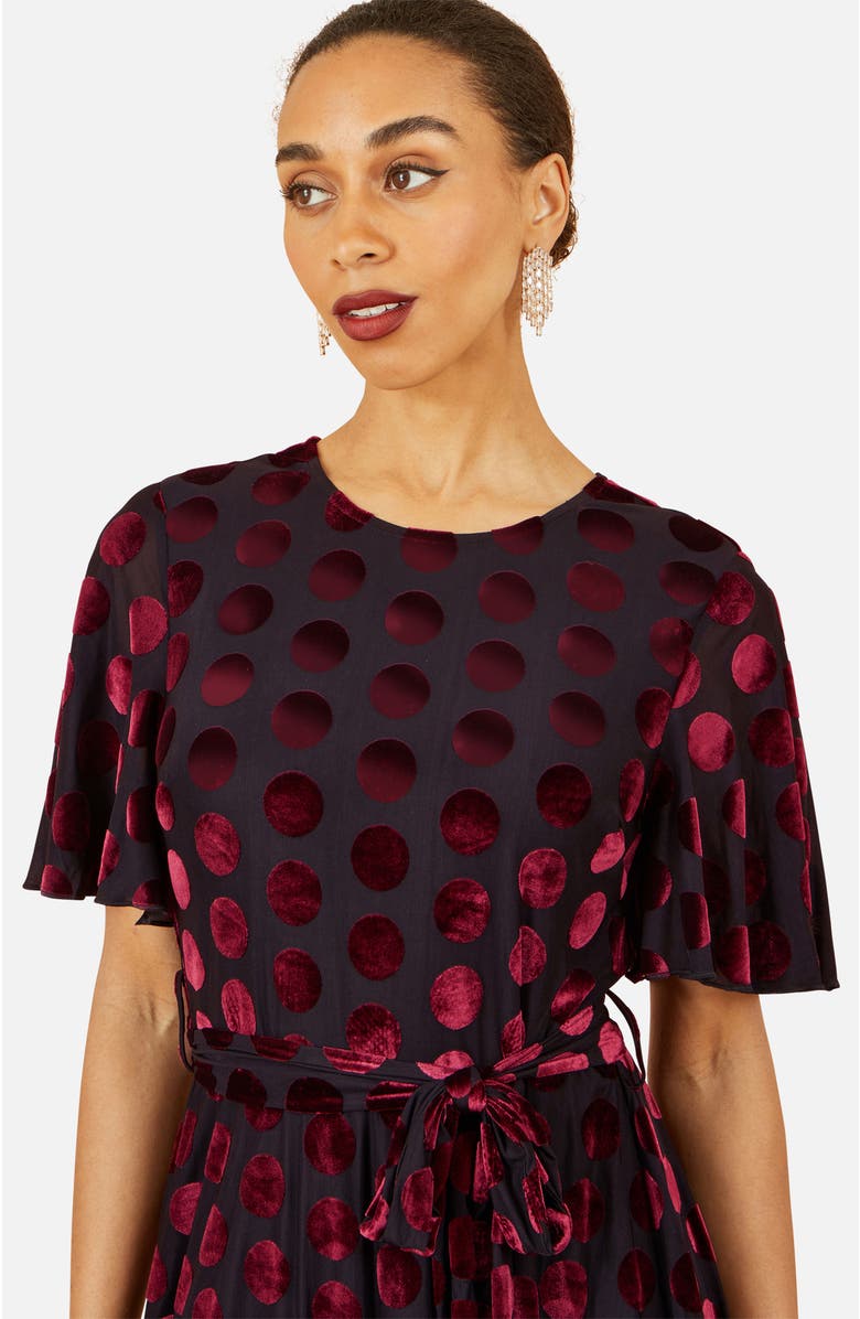 Yumi Velour Spot Midi Skater Dress, Alternate, color, Burgundy