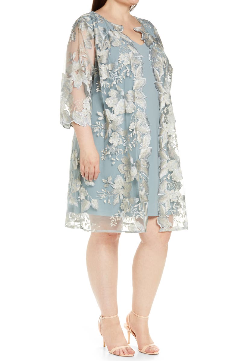 Alex Evenings Embroidered Lace Mock Jacket Cocktail Dress, Alternate, color, Ice Sage