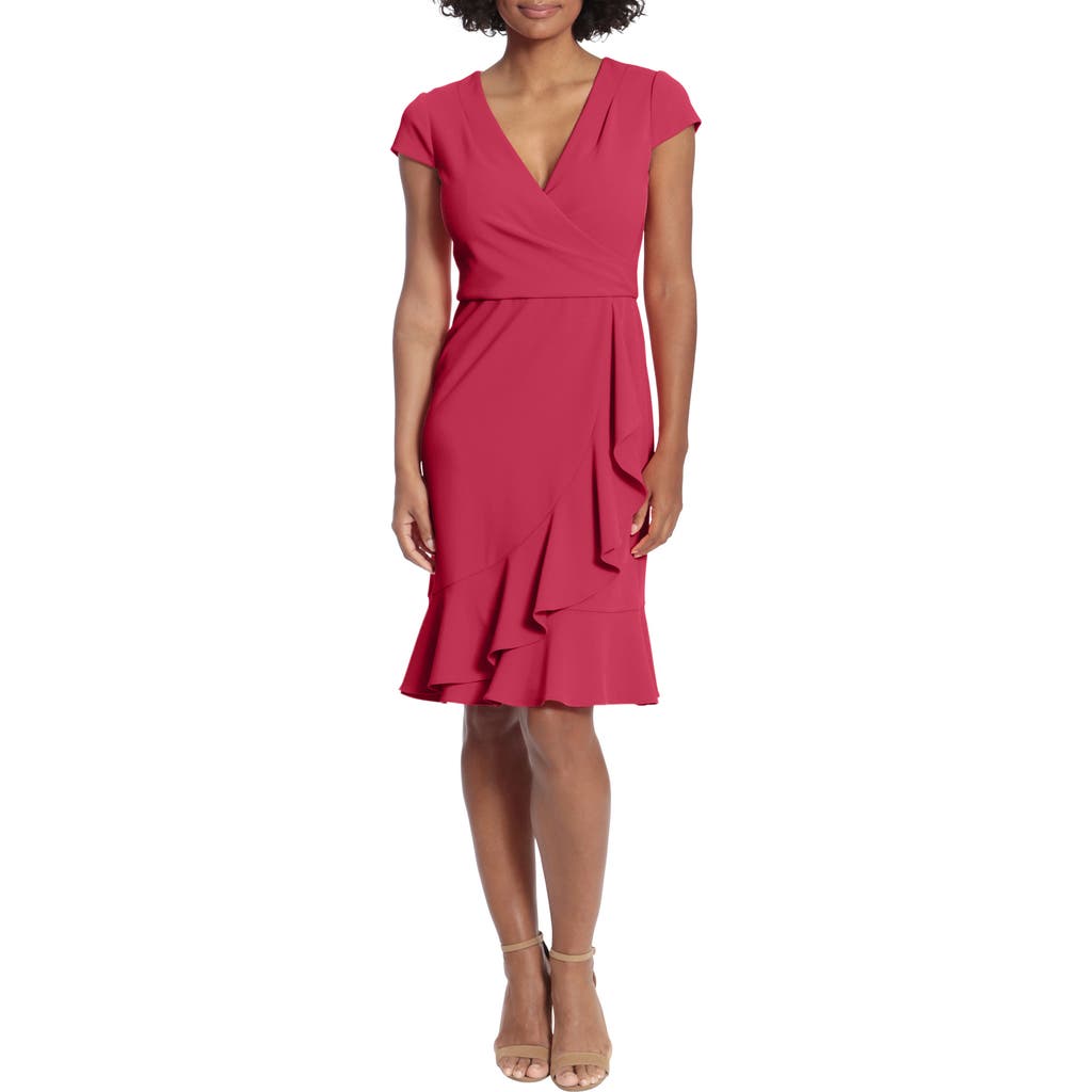 London Times Surplice Neck Ruffle Skirt Sheath Dress In Cherries Jubilee