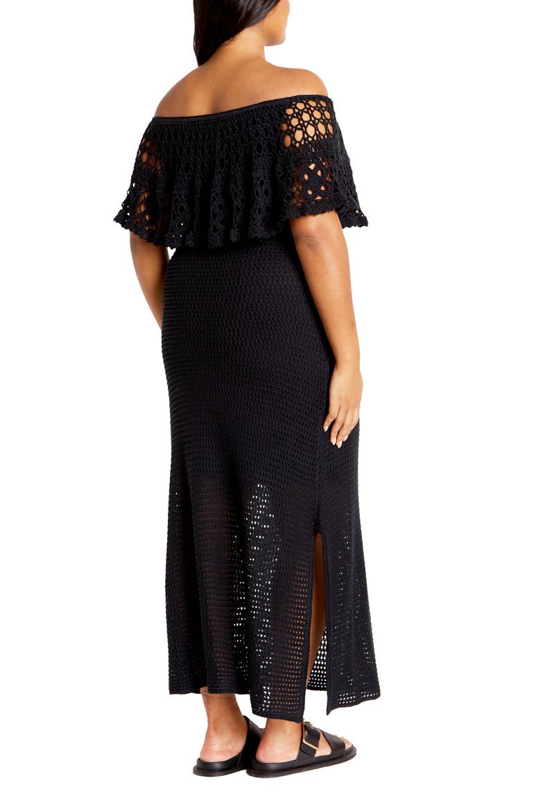 Callie Open Stitch Tie Waist Off the Shoulder Maxi Dress, Alternate, color, BLACK