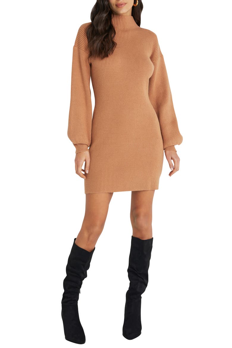 Funnel Neck Ribbed Sweater Dress, Main, color, SOFT CAMEL