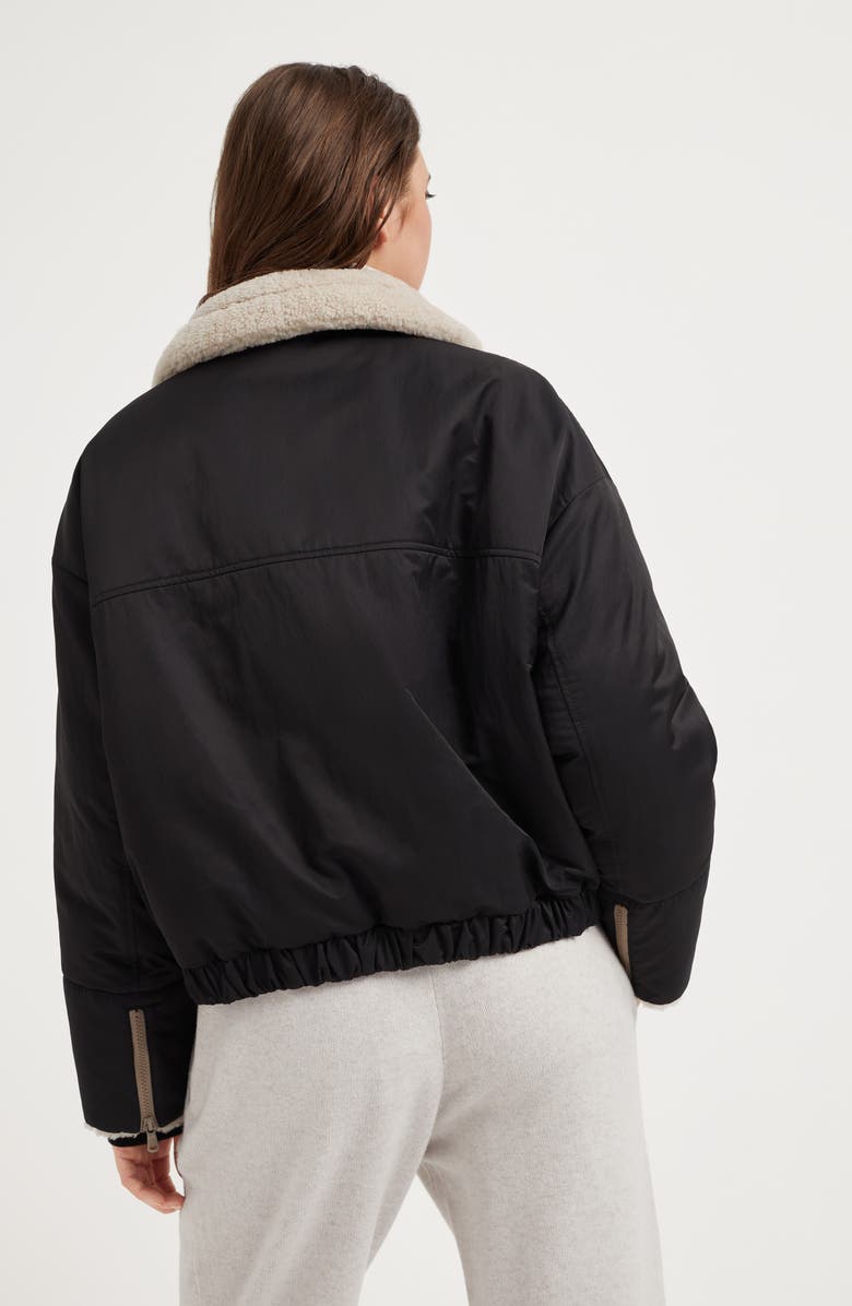 Brunello Cucinelli Water-resistant techno satin down jacket with shearling inserts and monili, Alternate, color,