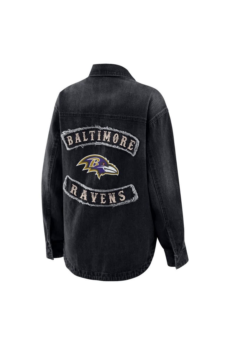 Women's WEAR by Erin Andrews Black Baltimore Ravens Washed Oversized Denim Full-Snap Shacket, Alternate, color, Black