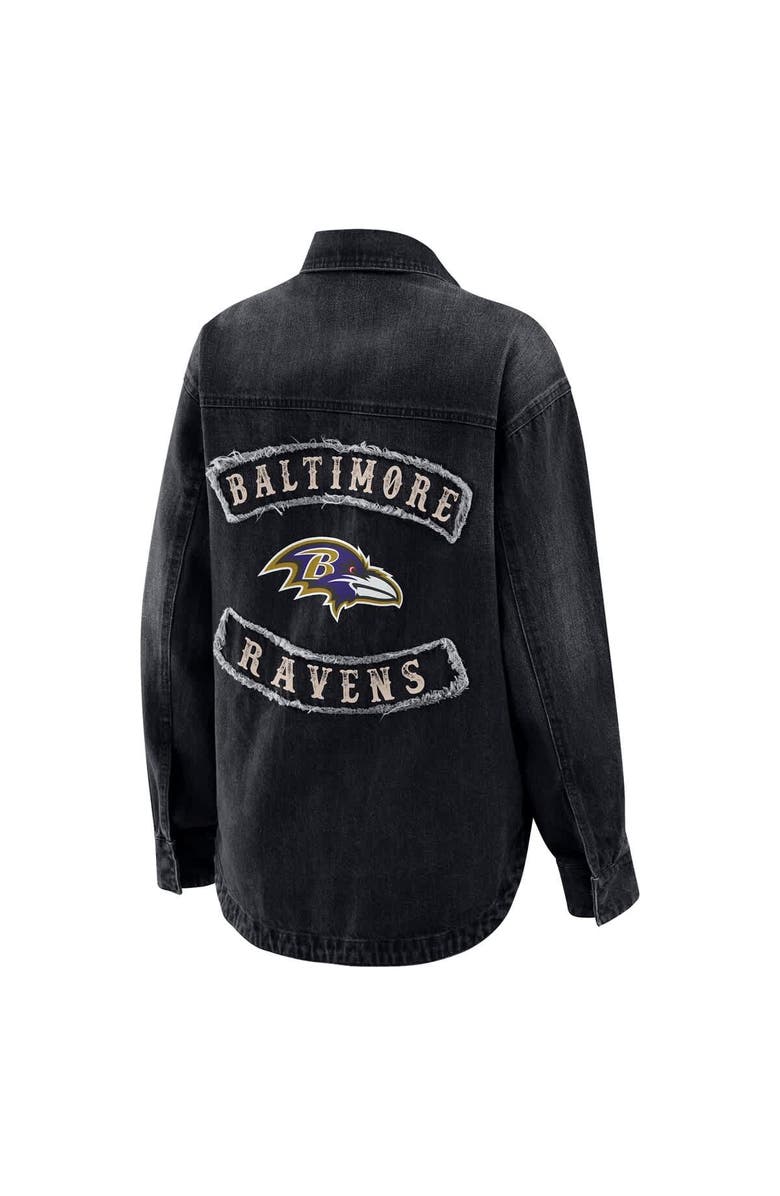 WEAR by Erin Andrews Women's WEAR by Erin Andrews Black Baltimore Ravens Washed Oversized Denim Full-Snap Shacket, Alternate, color, Black
