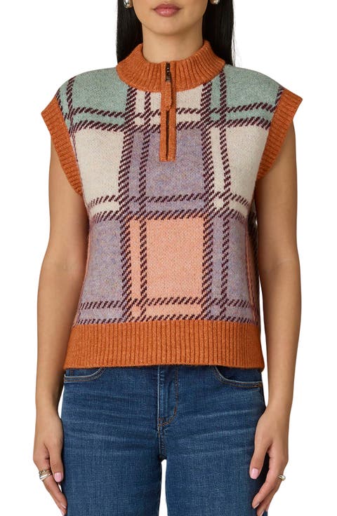 Plaid Quarter Zip Sleeveless Sweater