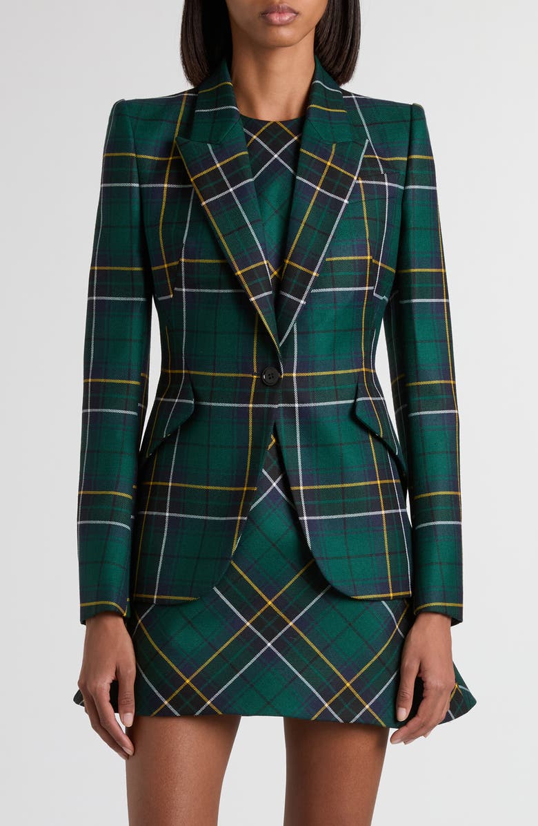 McQueen Tartan Peak Shoulder Wool Blazer, Main, color,