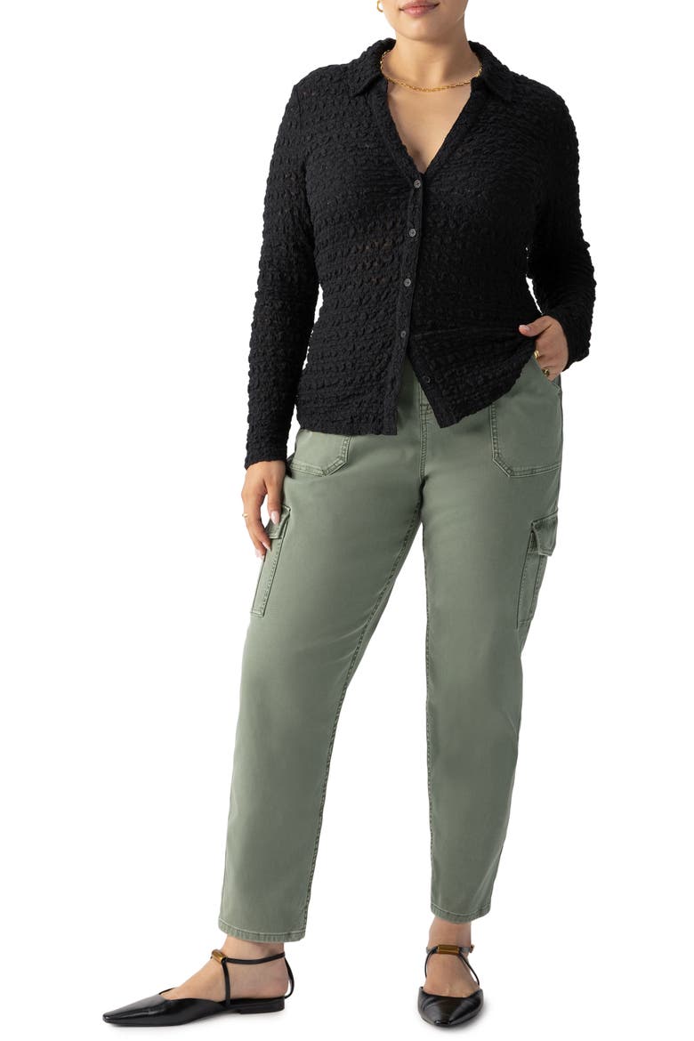 Pucker Up Dreamgirl Semisheer Cotton Blend Lace Button-Up Shirt, Alternate, color, BLACK