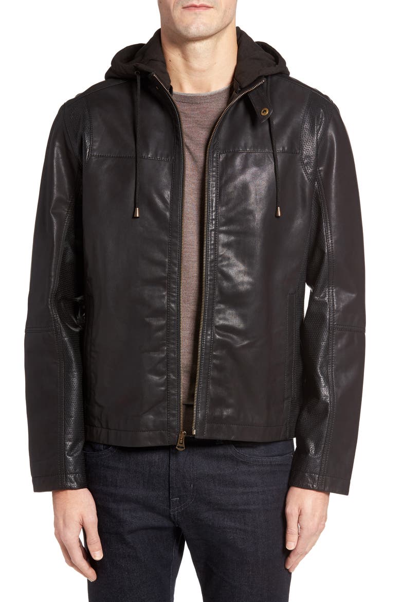 Leather Moto Jacket with Knit Hood, Main, color, BLACK
