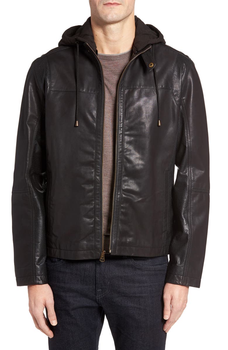 Cole Haan Leather Moto Jacket with Knit Hood, Main, color, 