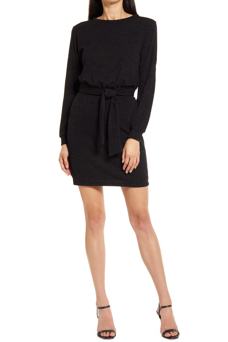 Tie Front Long Sleeve Sweater Dress, Main, color, BLACK