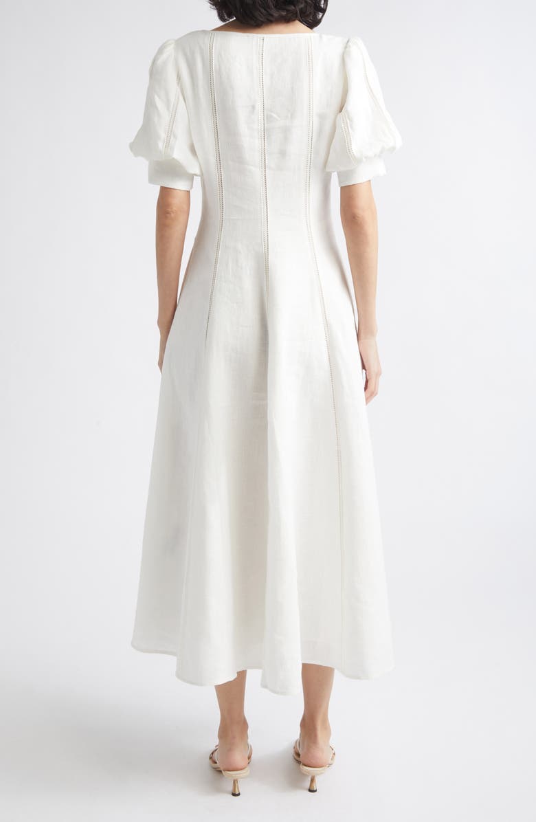 Reiss Riva Stitch Puff Sleeve Linen Midi Dress, Alternate, color, Ivory