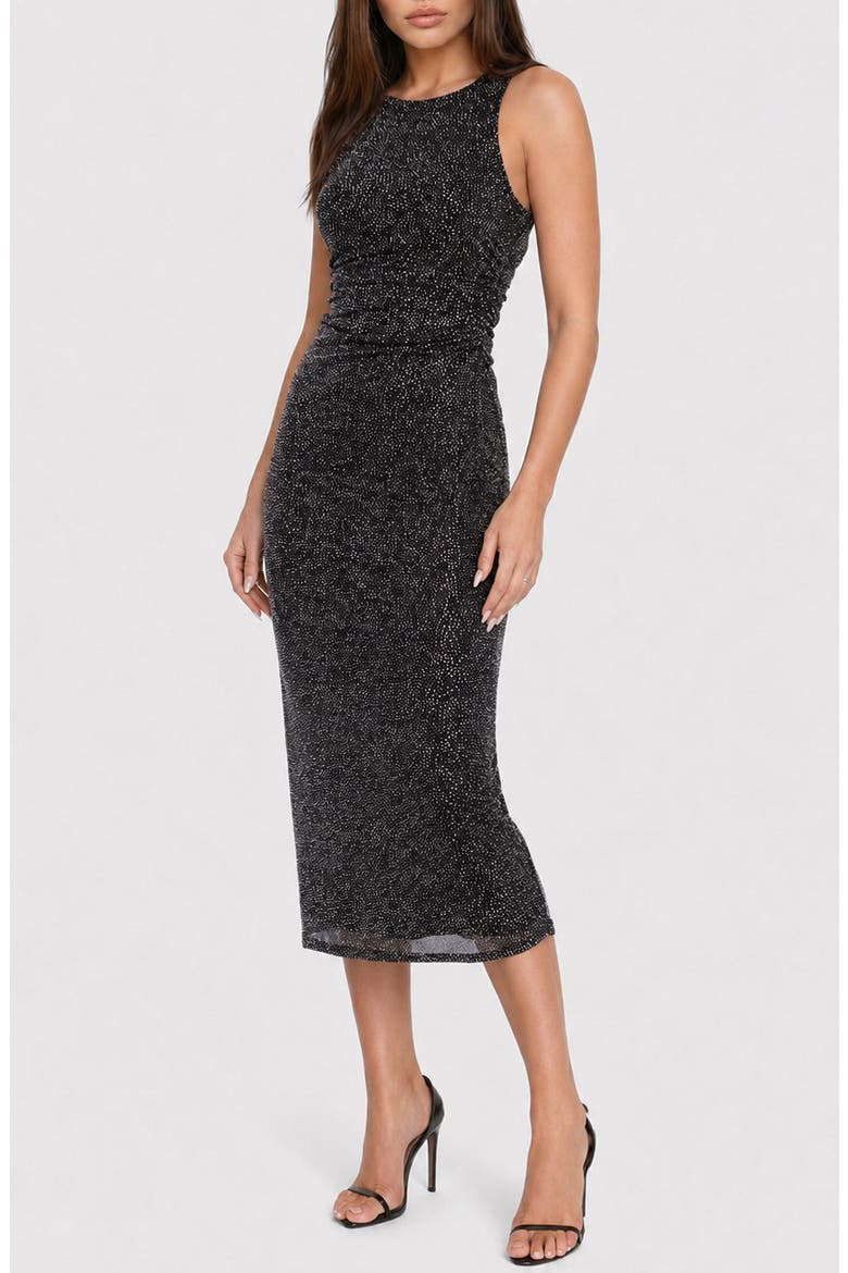 Glitter Mesh Ruched Midi Dress, Alternate, color, BLACK