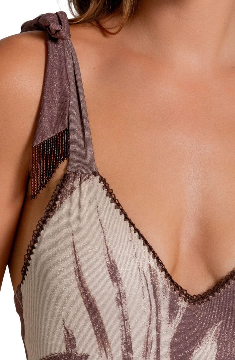 Cosita Linda Beaded Fringe Metallic One-Piece Swimsuit, Alternate, color, Coffee Bean