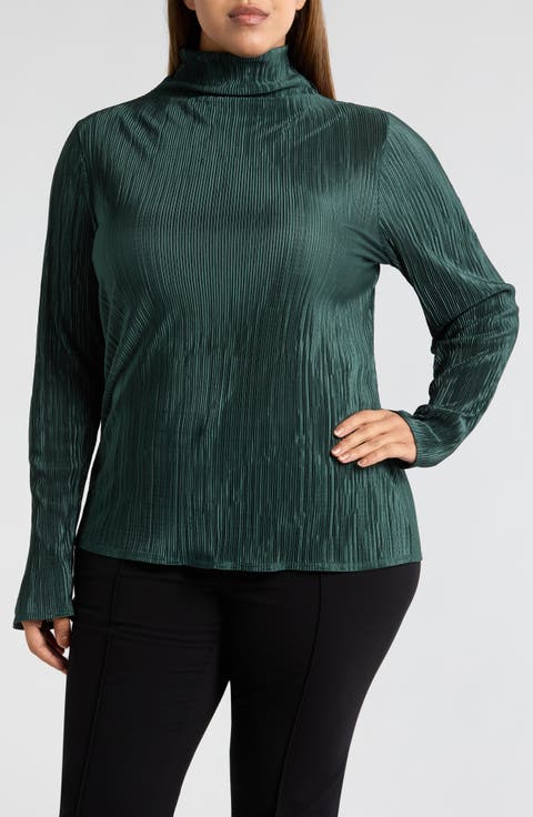 Long Sleeve Plissé Turtleneck Top (Plus)