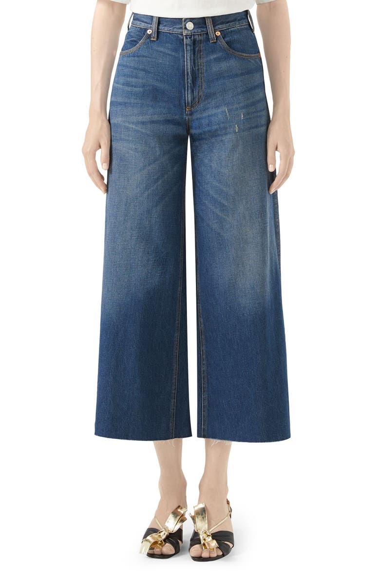 Patch Embellished Crop Wide Leg Jeans, Main, color, BLUE/ MULTICOLOR