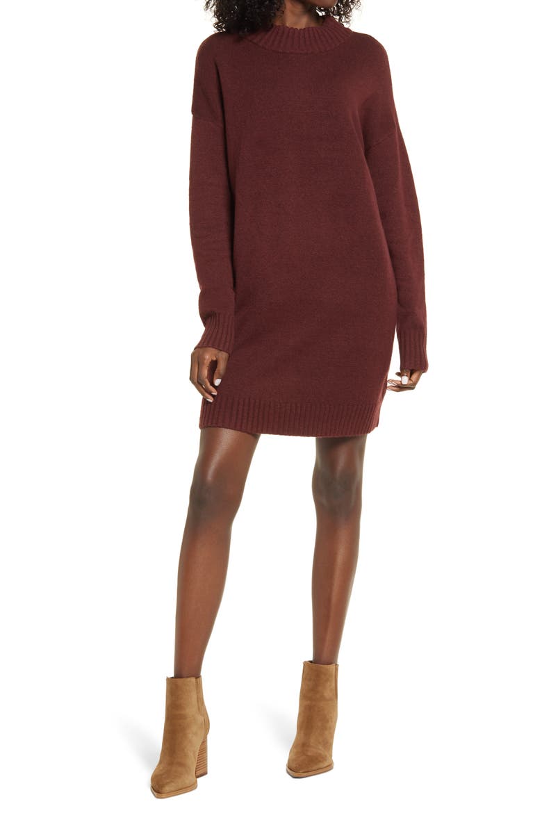 Easy Crewneck Long Sleeve Sweater Dress, Main, color, BURGUNDY PORT