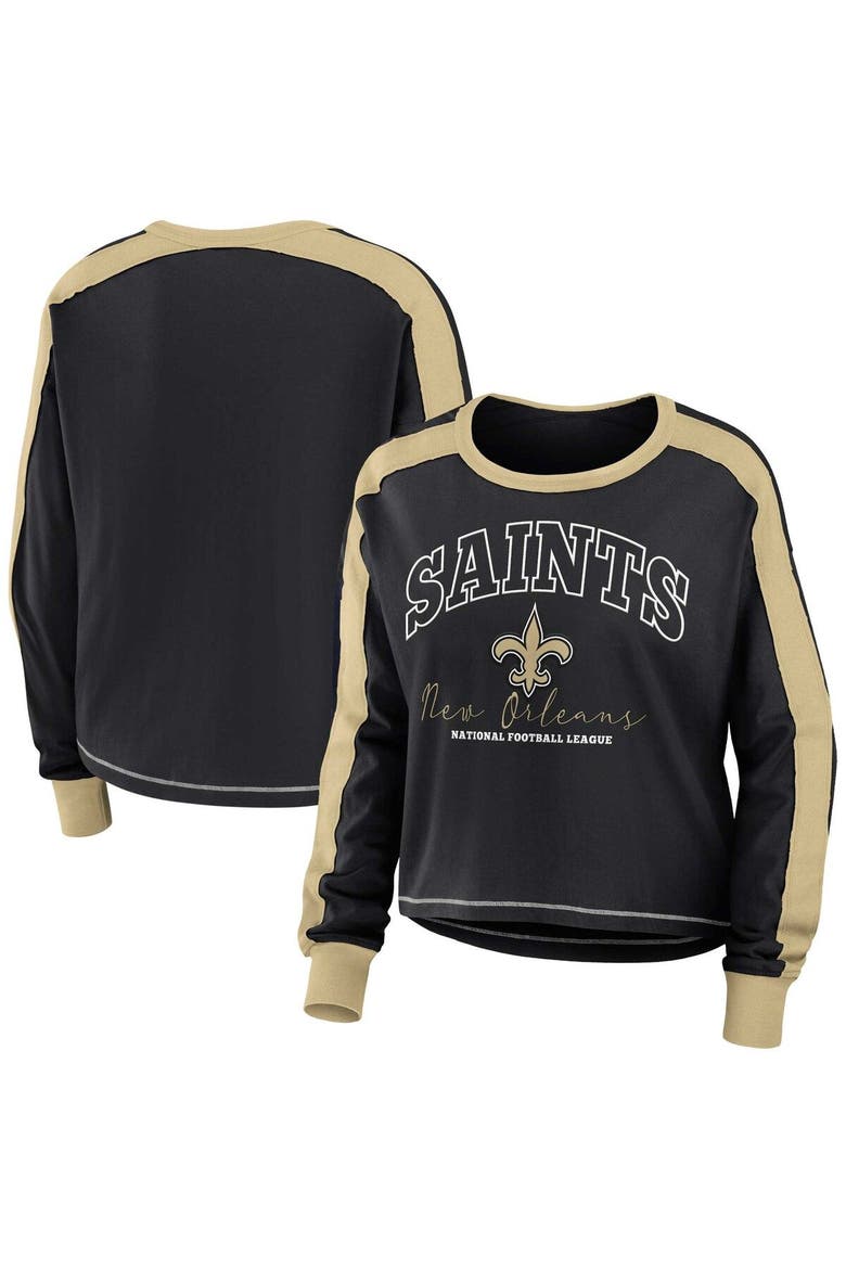 Women's WEAR by Erin Andrews Black/Gold New Orleans Saints Color Block Modest Crop Long Sleeve T-Shirt, Main, color, Black