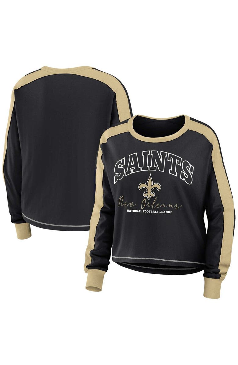 WEAR by Erin Andrews Women's WEAR by Erin Andrews Black/Gold New Orleans Saints Color Block Modest Crop Long Sleeve T-Shirt, Main, color, Black