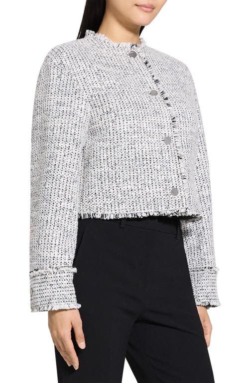 Theory Fray Trim Crop Tweed Jacket In White Multi