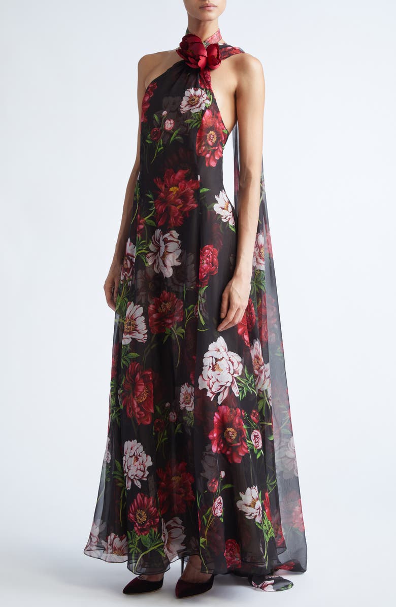 Oscar de la Renta Peony Print Silk Chiffon Halter Gown, Alternate, color, Brown Multi