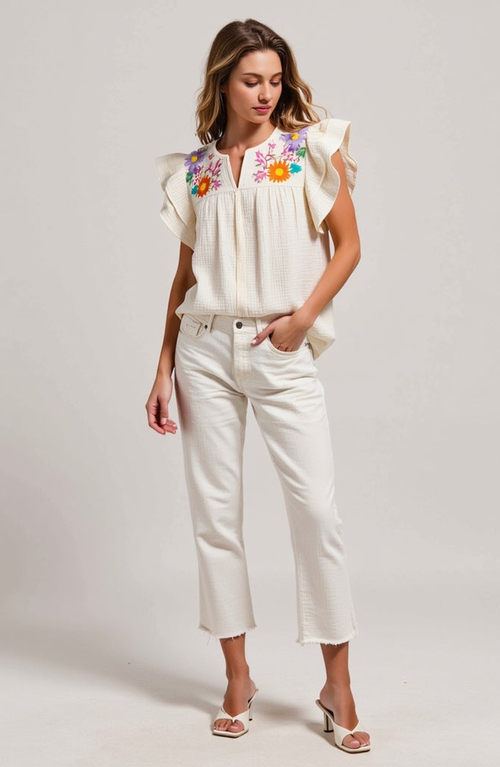 Modenaire Ruffle-sleeve Button-front Blouse With Floral Embroidery In White