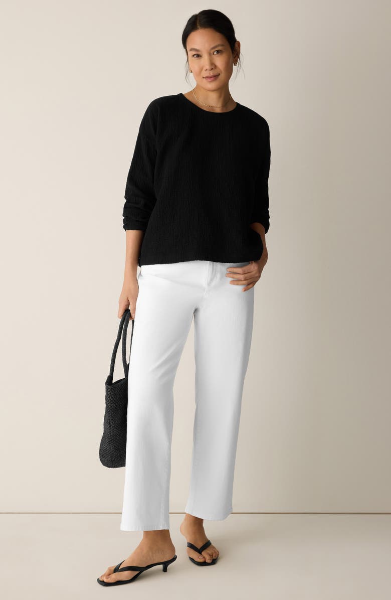 Eileen Fisher Crinkled Boxy Long Sleeve Stretch Organic Cotton Top, Alternate, color, Black