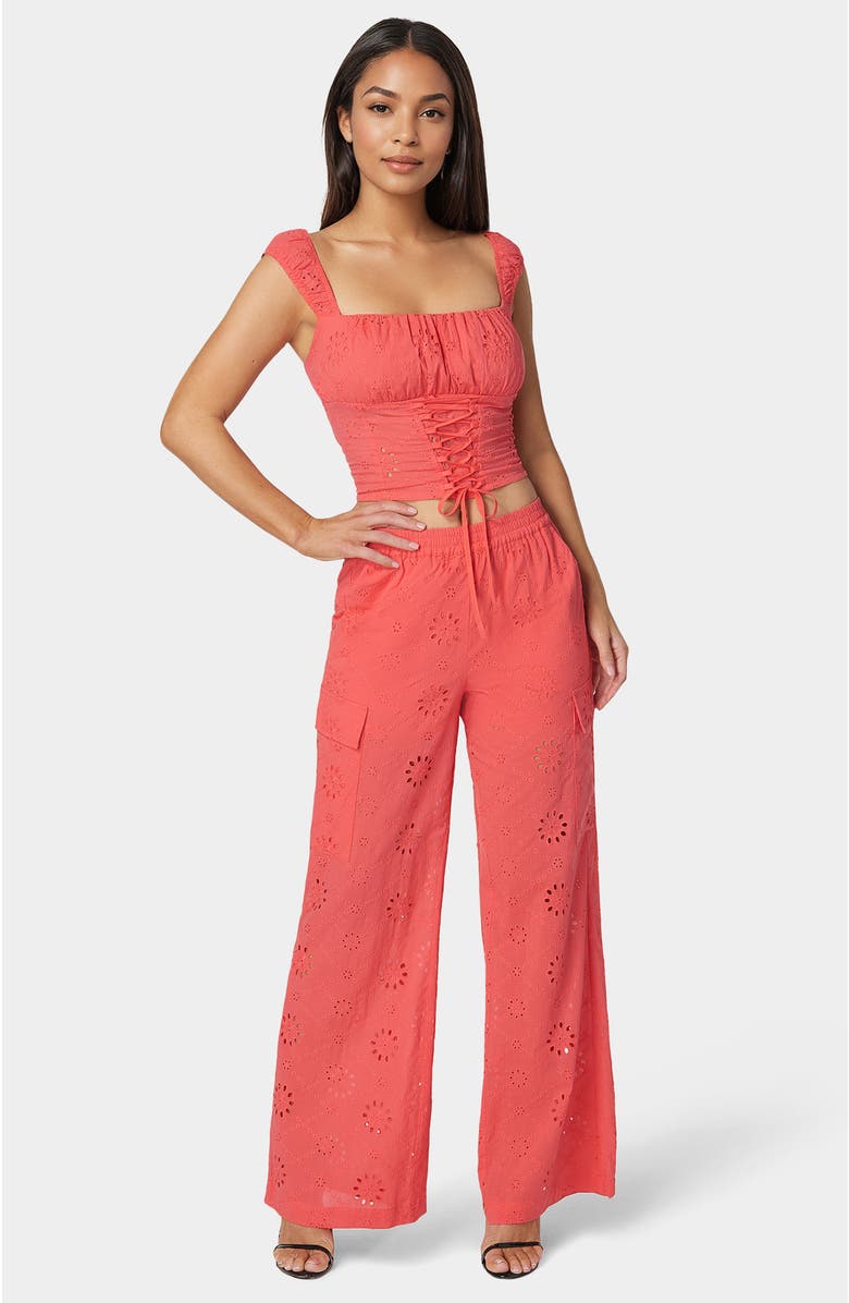 bebe Eyelet Lace Up Corset, Alternate, color, Calypso Coral