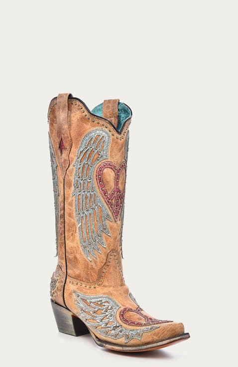 Cowhide Embroidered Overlay Studded Snip Toe Western Boots