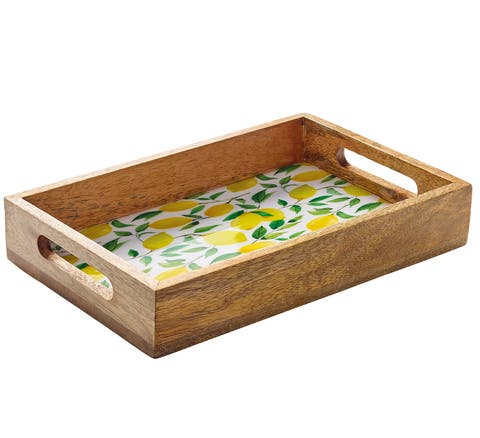 Mango Wood Lacquered Serving Tray, 12" X 8" X 2"