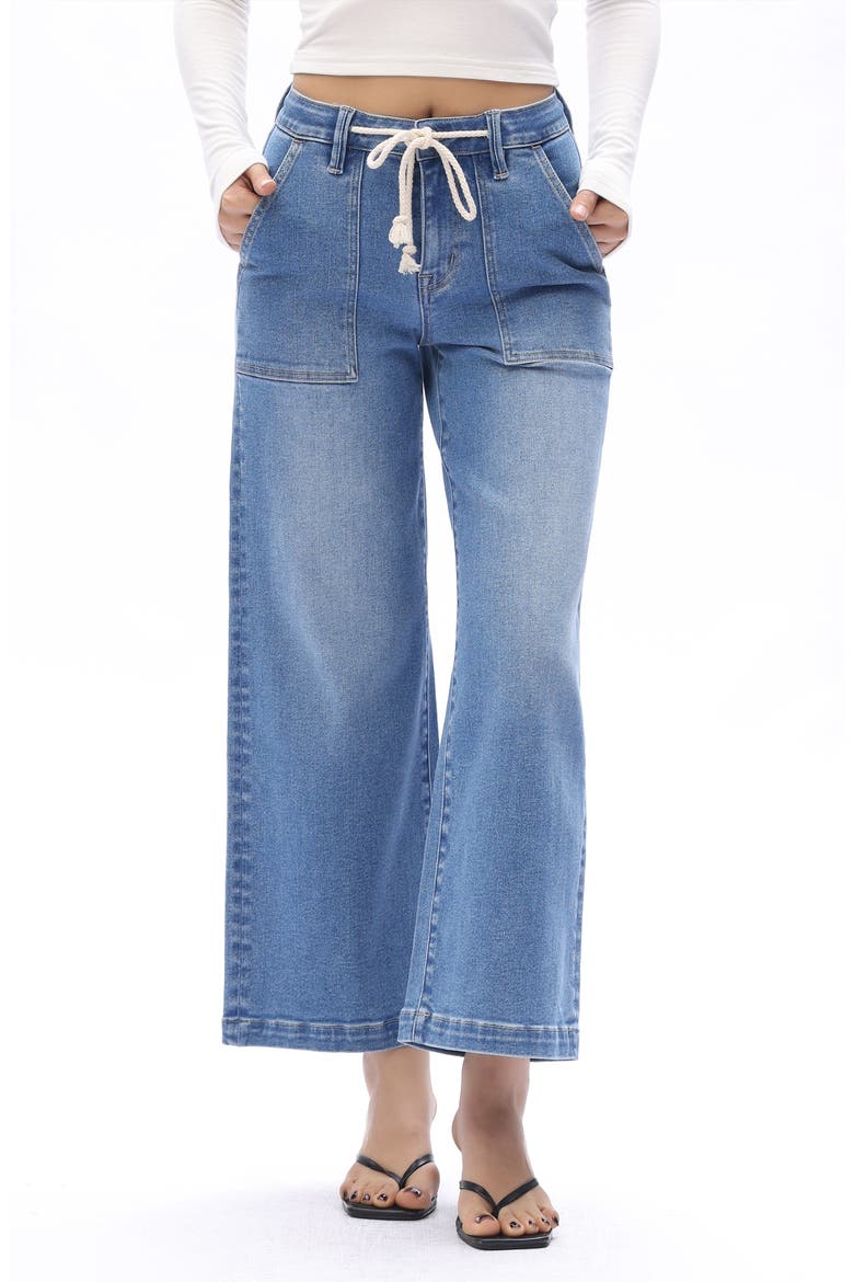 Drawstring High Waist Ankle Wide Leg Jeans, Main, color, MEDIUM BLUE