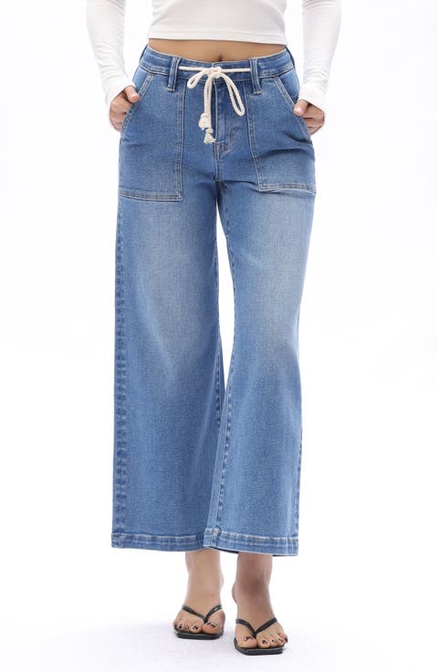 Drawstring High Waist Ankle Wide Leg Jeans