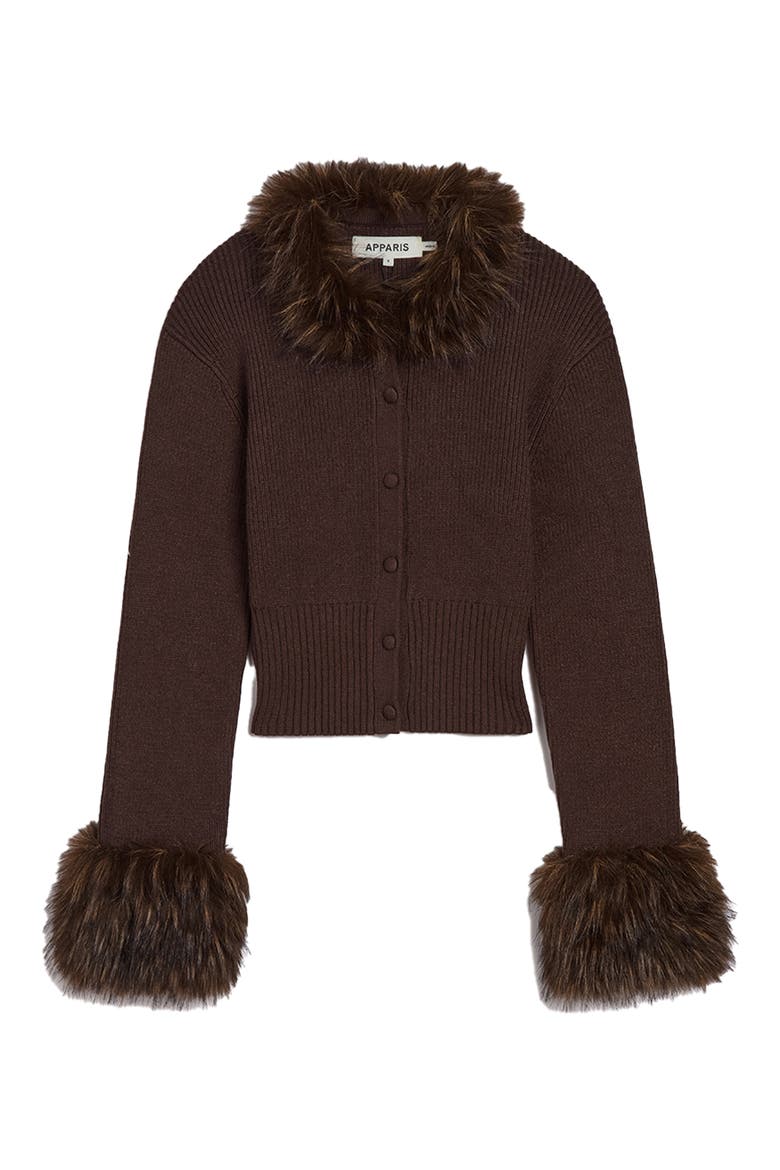 Rosa Pluche™ Faux Fur Trim Cardigan, Alternate, color, DARK BROWN / DARK BROWN