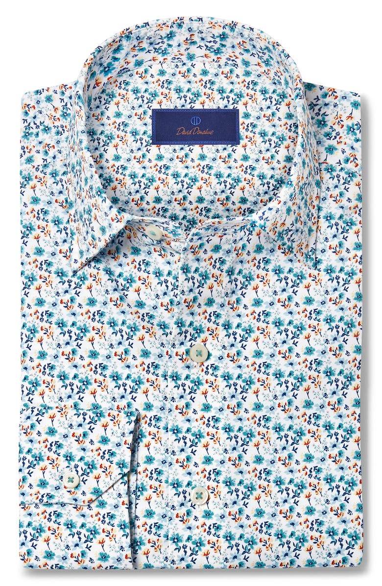 David Donahue Floral Print Short Sleeve Button-Up Shirt, Main, color, White/ Multi