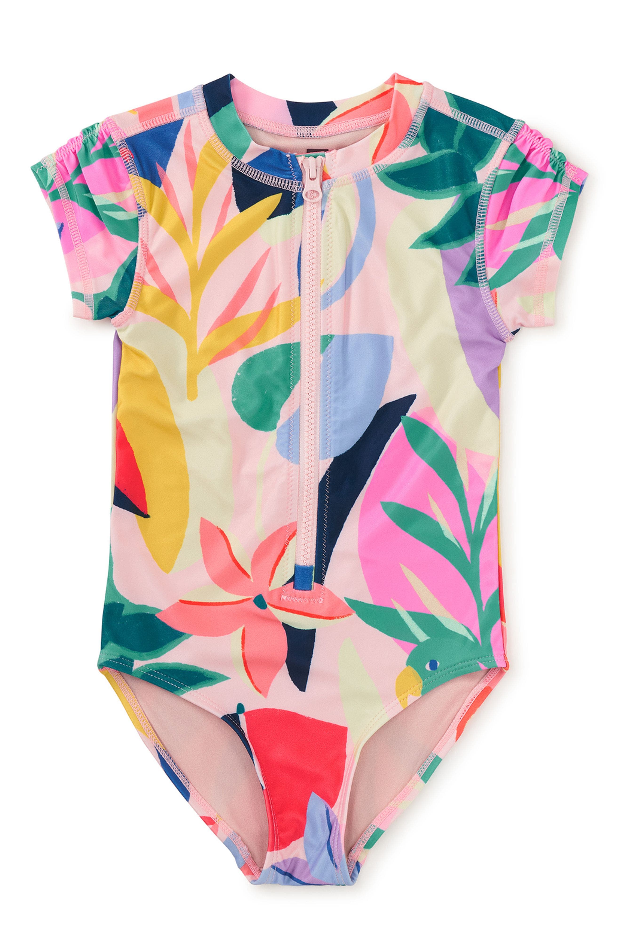 Mud Pie Girls Rainbow Rash Guard One-Piece - Nylon Spandex Swimwear With Snap Placket