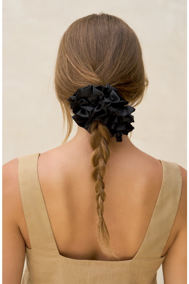 Satin Ruffle Scrunchie, Alternate, color, BLACK