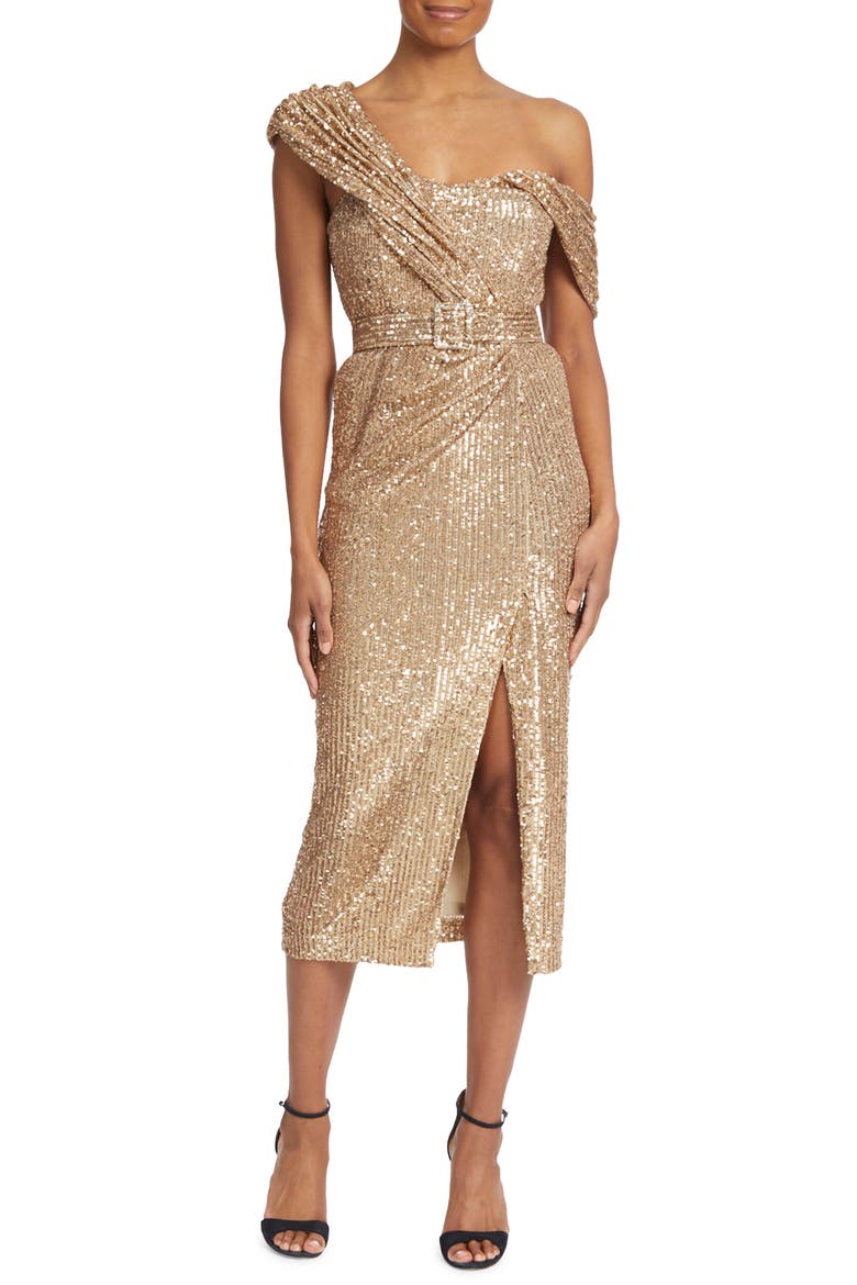 Asymmetric One-Shoulder Sequin Cocktail Dress, Main, color, GOLD