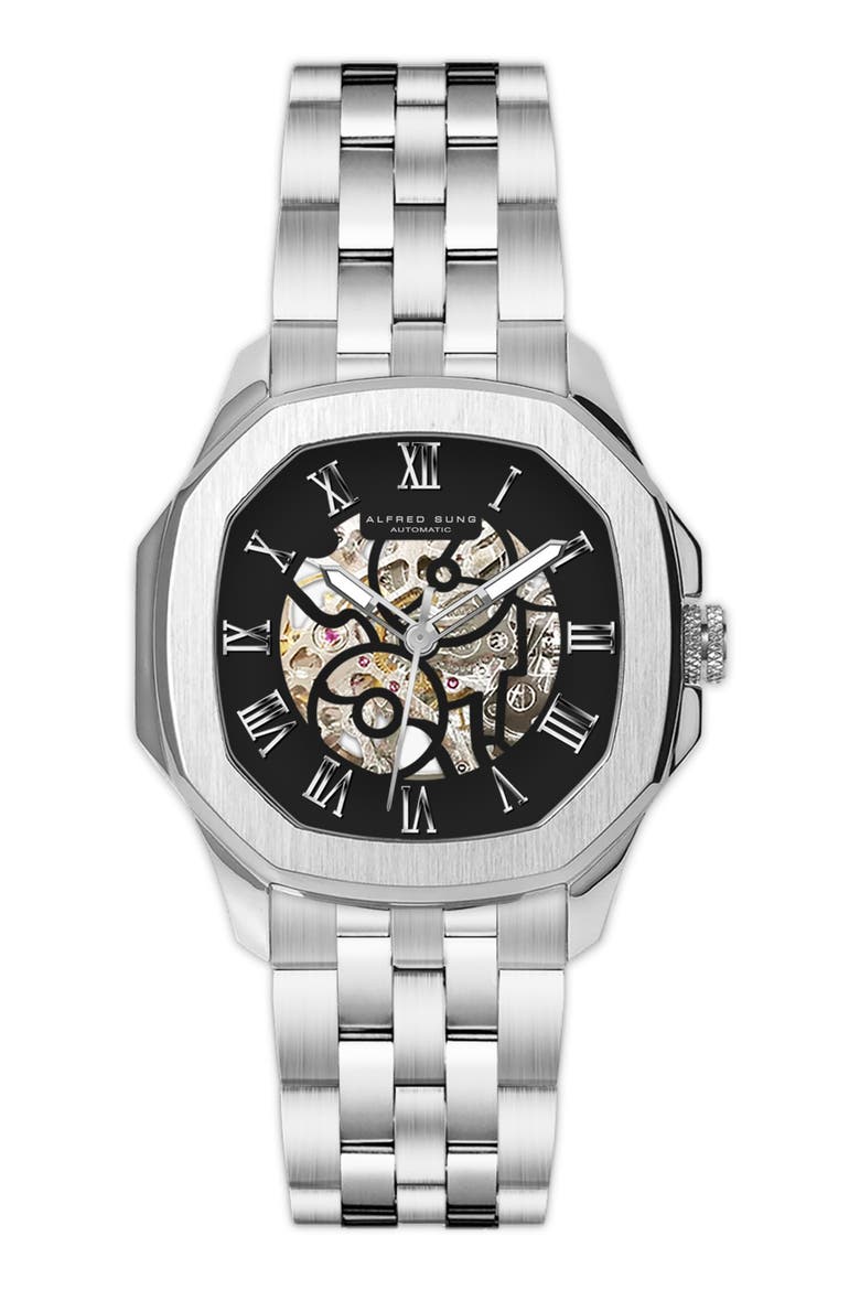 Skeleton Dial Automatic Bracelet Watch, 42mm, Main, color, BLACK/ SILVER