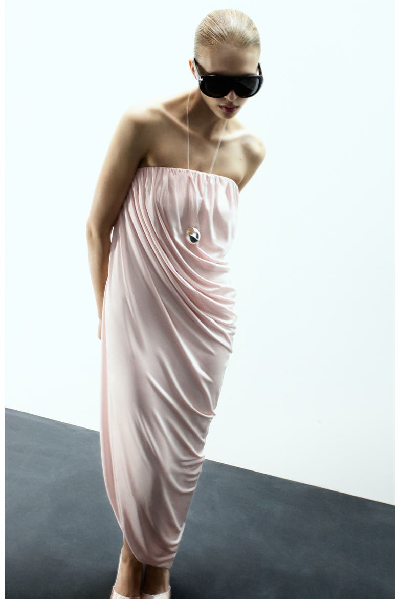 x Kaia Gerber Strapless Asymmetric Ruched Dress, Alternate, color, PASTEL PINK