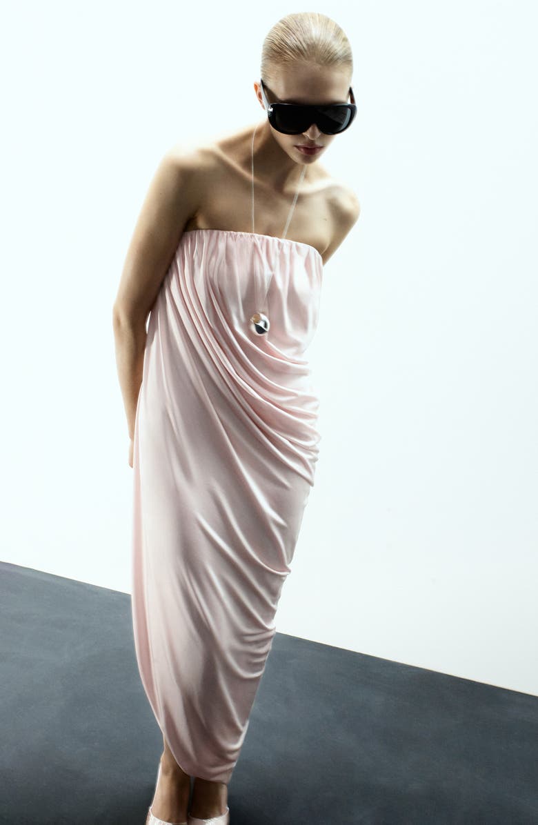 MANGO x Kaia Gerber Strapless Asymmetric Ruched Dress, Alternate, color, Pastel Pink