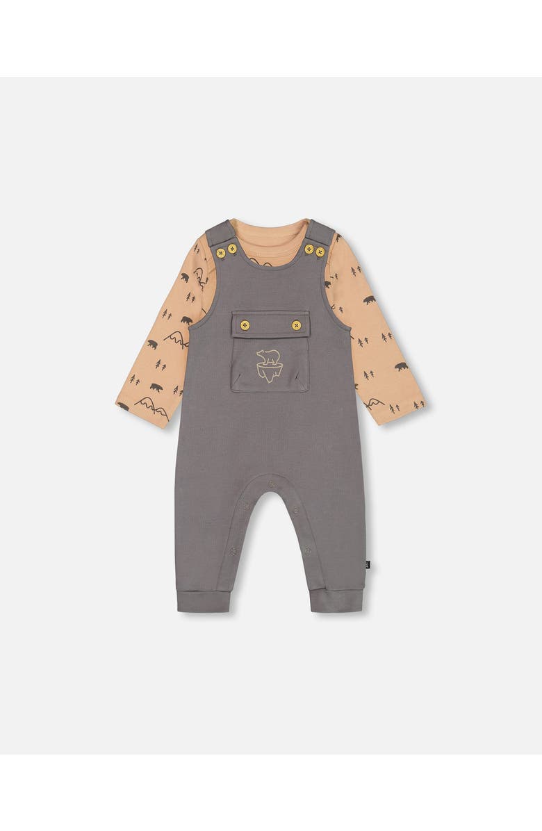 Deux par Deux Baby Boy's Organic Cotton Printed Bodysuit And Overall Set Dark Gray With Mountains, Main, color, 