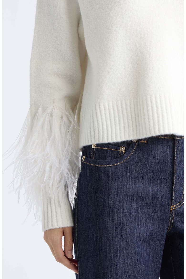 Brianne Ostrich Feather Cuff V-Neck Sweater, Alternate, color, IVORY