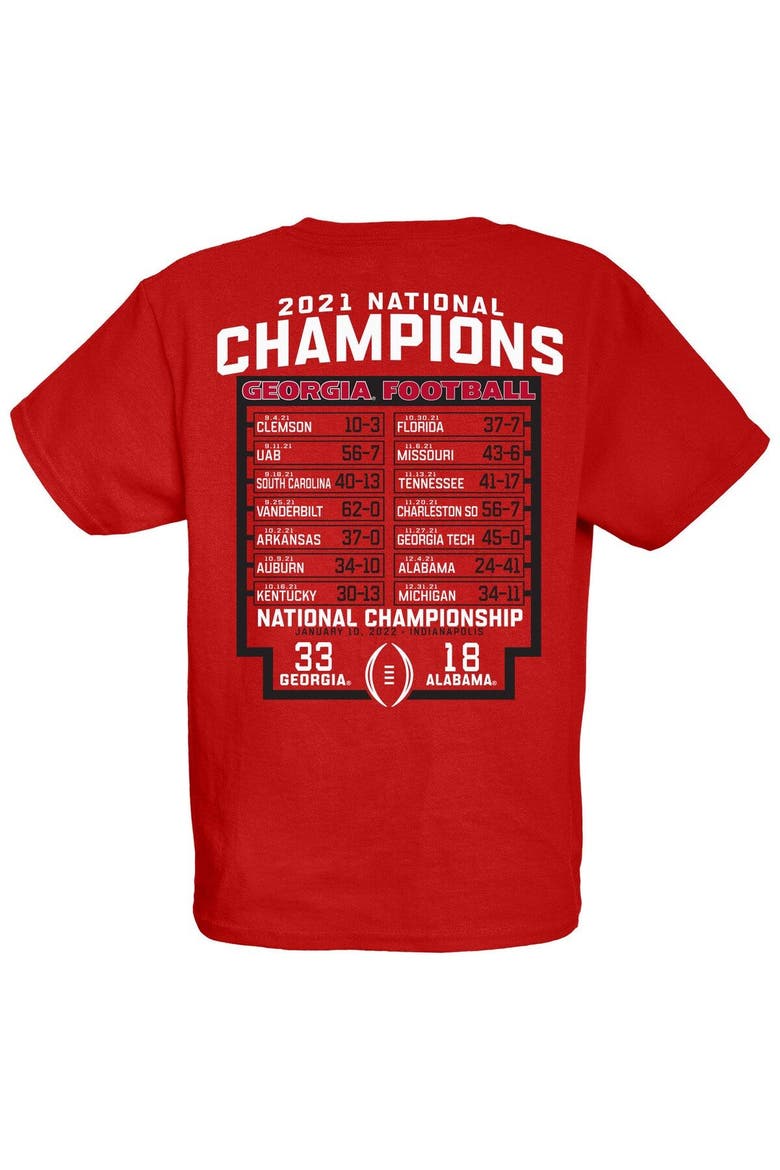 Youth Blue 84 Red Georgia Bulldogs College Football Playoff 2021 National Champions Schedule T-Shirt, Alternate, color, Red