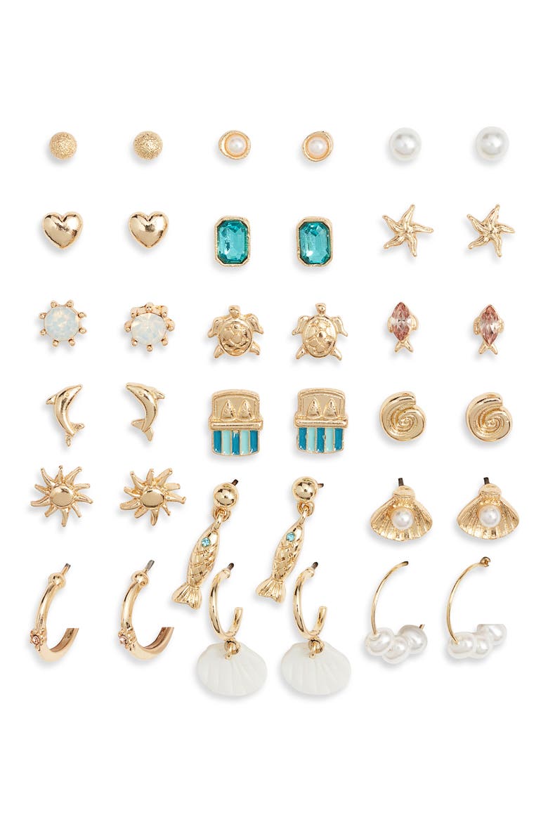 Coastal Set of 18 Assorted Earrings, Main, color, GOLD- MULTI