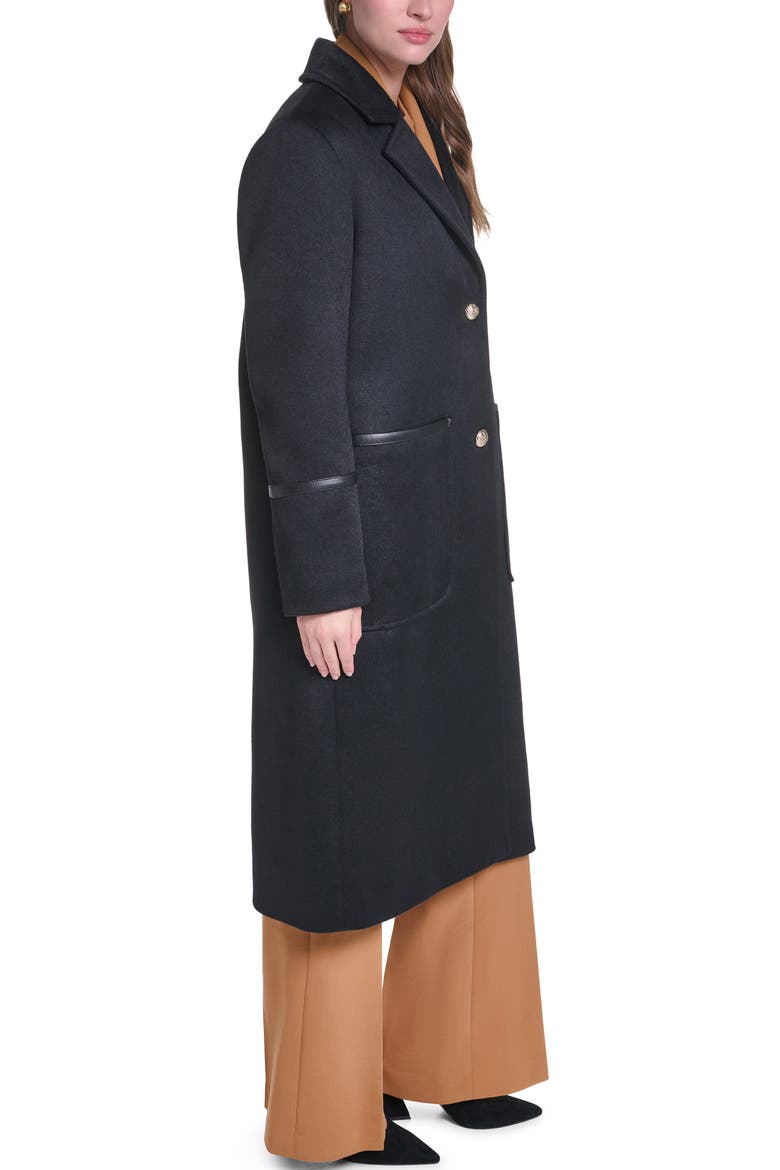 Single Breasted Coat with Faux Leather Trim, Alternate, color, BLACK